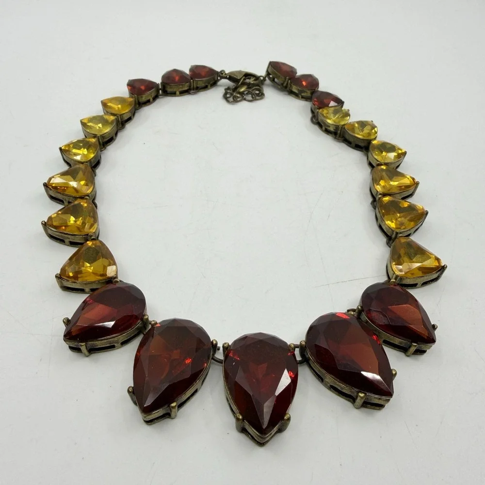 Amber & Gold Tone Red Facet Teardrop Acrylic Antiqued Chunky Statement Necklace
